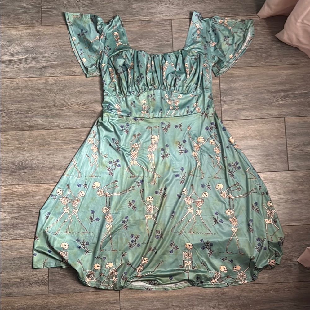 Playful Skeleton Print Green Dress